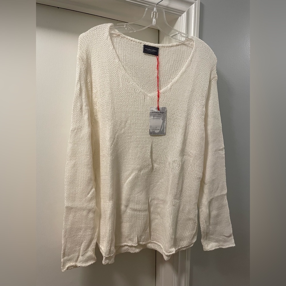 NWT Wooden Ships V-Neck Sweater Shirt Tail Cotton - Breaker White - Large/XL